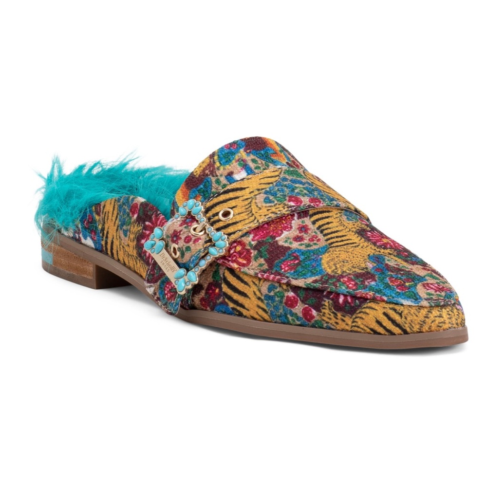 Iris Apel Dr. Scholl's Blue and Red Mules Vibrant Design